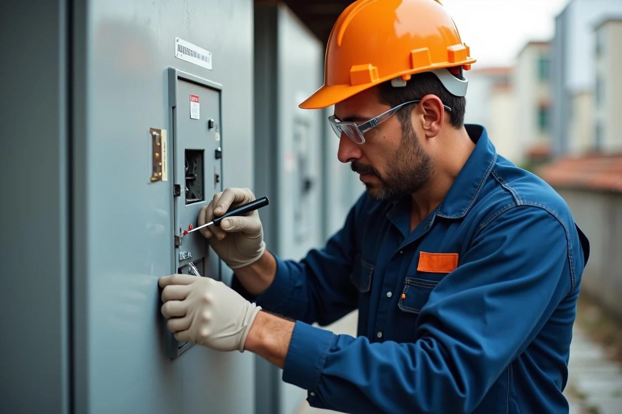 Técnico revisando tablero eléctrico con etiquetado